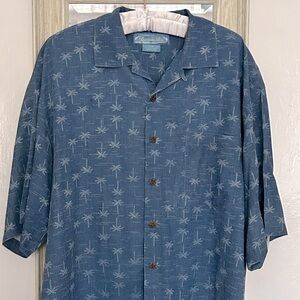Bermuda Bay Silk Shirt Mens LRG Blue Hawaiian Palm Tree Short Sleeve Button Up